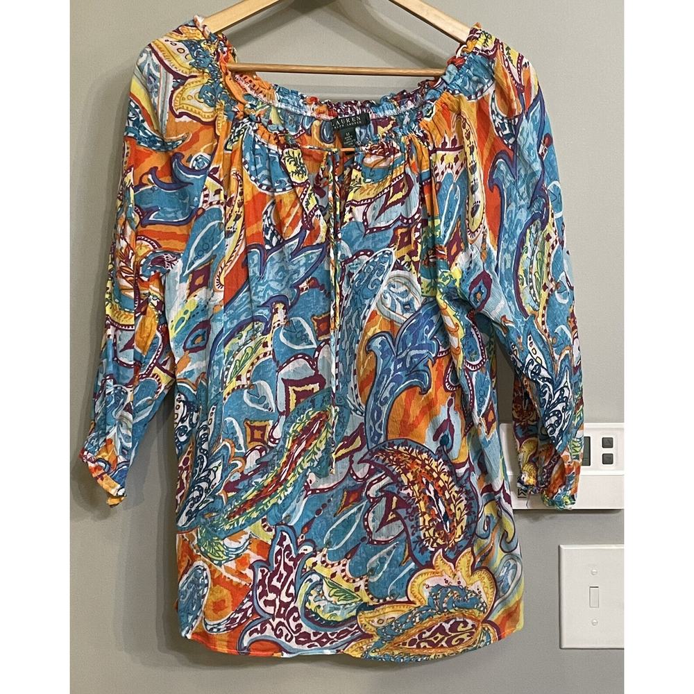 Lauren Ralph Lauren LRL Top Multi All Over Print Pullover Blouse SZ M EUC